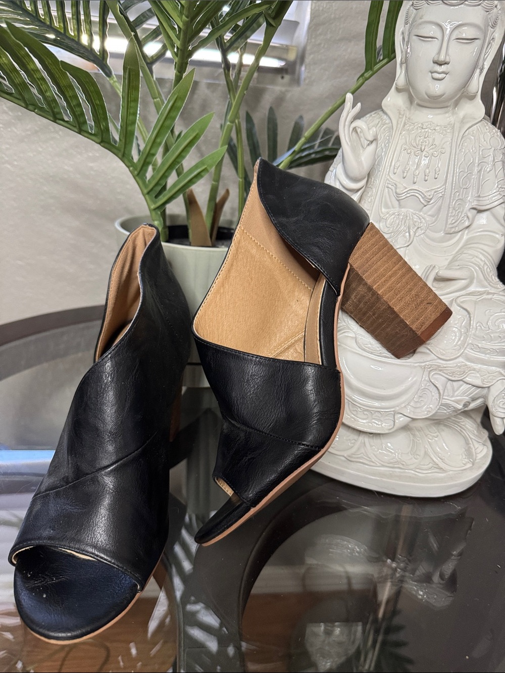 Catherine Malandrino Black Open-Toe Block Heel Booties with Brown Stacked Heel